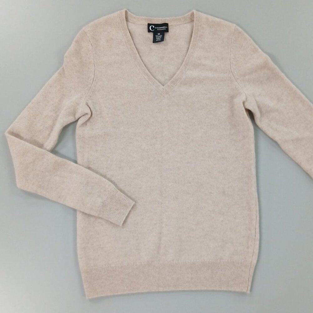 Women’s "C" by Bloomingdale’s 100% 2-Ply Beige Cashmere Sweater XS Soft V-neck